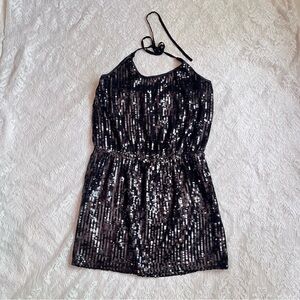 Black brand black sequin halter tie mini dress